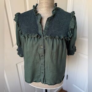 The Shirt by Rochelle Behrens | Green Linen Smocked Ruffled Blouse | Large
